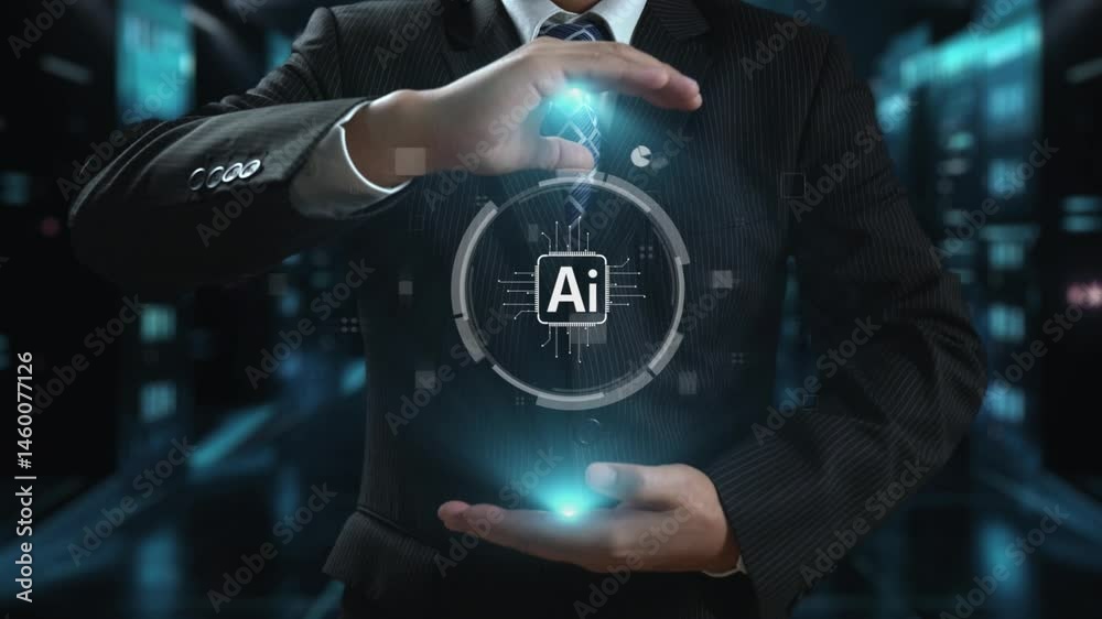 Poster human interact with ai artificial intelligence brain processor in concept of ai artificial intellige
