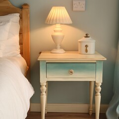 Stylish nightstand with soft lamp and decorative accents in a cozy bedroom setting