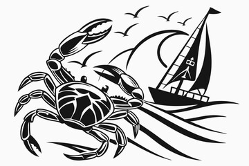 71 Black and white illustration, silhouette of a crab, detailed claws, symmetrical design, high contrast, bold lines, graphic style, marine life artwork, tattoo-inspired, monochrome, striking shadows,