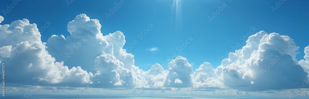 Poster panoramic view of a blue sky with cumulus clouds. white fluffy clouds float, light radiates in sky. 