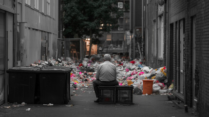 Lonely man among garbage