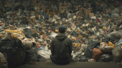 Lonely man among garbage