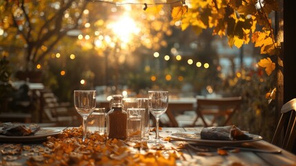 Autumnal outdoor dinner setting with golden leaves and warm sunset light
