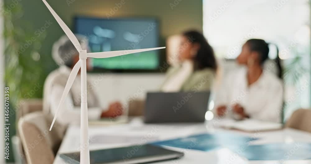 Aufkleber business people, wind turbine and meeting with discussion in office for renewable energy and sustain