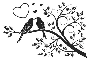 72 Black and white illustration, two love birds, heart symbol, stylized design, silhouette, minimalist, branch perch, symmetrical composition, romantic motif, graphic art, clean lines, simple shapes, 