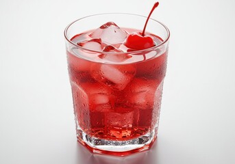 Red drink with cherry and ice on white background