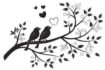 72 Black and white illustration, two love birds, heart symbol, stylized design, silhouette, minimalist, branch perch, symmetrical composition, romantic motif, graphic art, clean lines, simple shapes, 