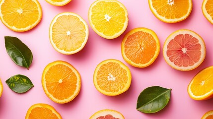 Obraz premium Sliced oranges and grapefruit with leaves for summer citrus background flatlay fresh vitamin design concept