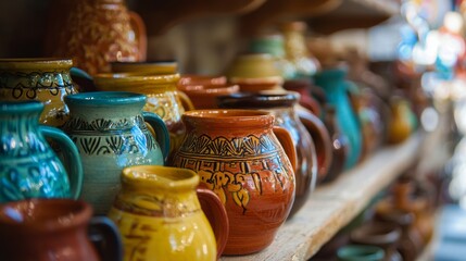 Colorful ceramic pots on display in market for traditional crafts decor clay handmade artisan heritage
