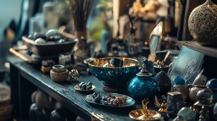 Antique crafts on wooden display in market for traditional handmade ceramic vintage decor cultural treasure