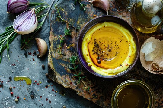 Black bowl of hummus on wood board with spices