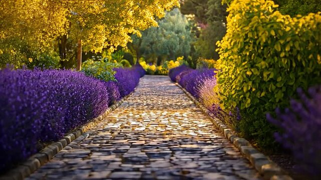 Sunlight path through lavender garden.