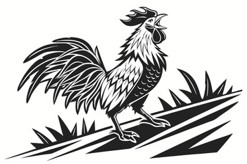 73 Stylized rooster silhouette, black and white illustration, high contrast, bold lines, dramatic wing spread, detailed feathers, sharp beak, proud stance, graphic design style, woodcut aesthetic, dyn