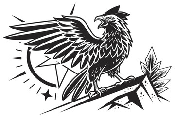 73 Stylized rooster silhouette, black and white illustration, high contrast, bold lines, dramatic wing spread, detailed feathers, sharp beak, proud stance, graphic design style, woodcut aesthetic, dyn