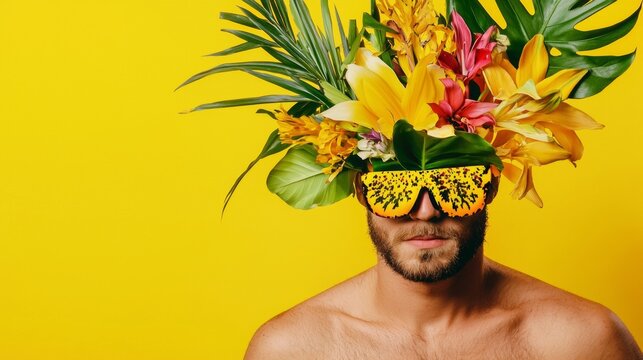 Tropical fruit crown man in sunglasses fashion concept for summer festival bold vivid style