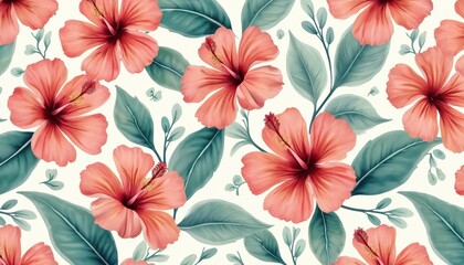 Obraz premium Watercolor illustration of hibiscus flowers with pastel colours. Floral pattern, seamless art for textile design. Hawaiian, tropical vibes perfect for summer. Beautiful pink, red hibiscus blossoms