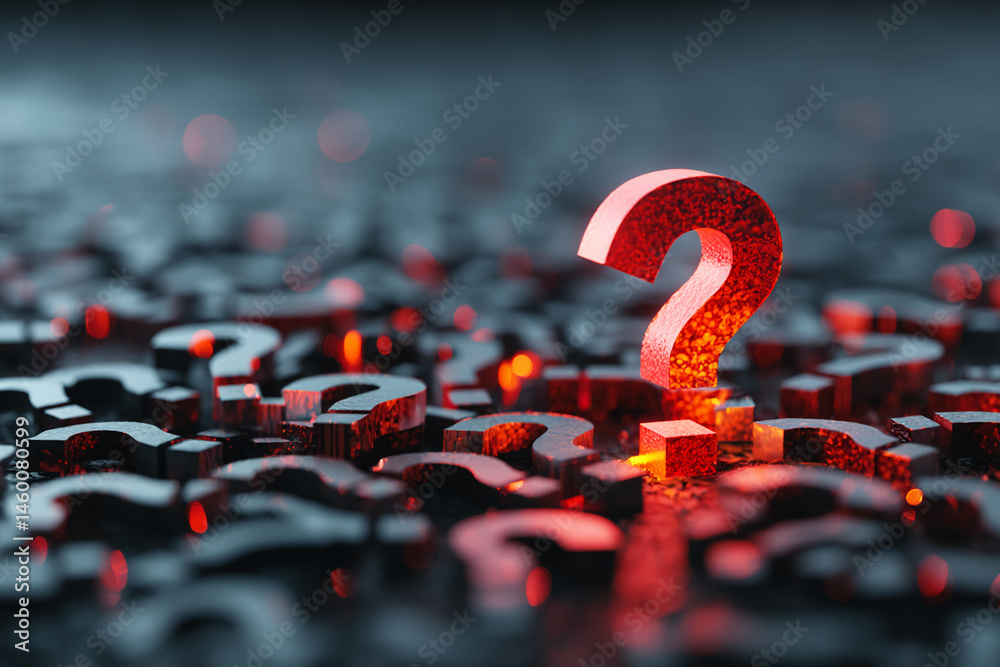 Poster red question mark glows, standing out among many dark grey question marks, suggesting inquiry, uncer