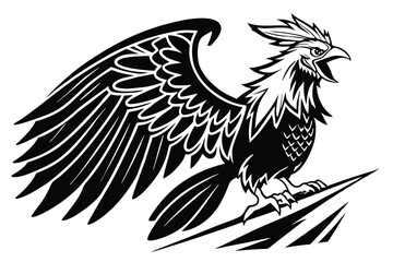 73 Stylized rooster silhouette, black and white illustration, high contrast, bold lines, dramatic wing spread, detailed feathers, sharp beak, proud stance, graphic design style, woodcut aesthetic, dyn