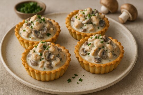 Chicken and mushroom tartlets In cream sauce.