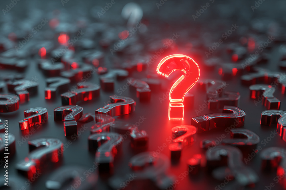 Leinwandbilder Red glowing question mark stands out among many dark question marks, symbolizing unique solution or finding answers, perfect for problem-solving or FAQ concepts