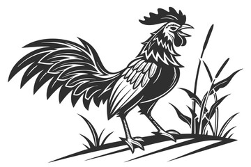73 Stylized rooster silhouette, black and white illustration, high contrast, bold lines, dramatic wing spread, detailed feathers, sharp beak, proud stance, graphic design style, woodcut aesthetic, dyn