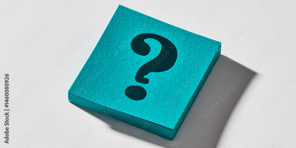 Poster stack of teal textured paper with question mark cutout, symbolizing inquiry, uncertainty, or problem