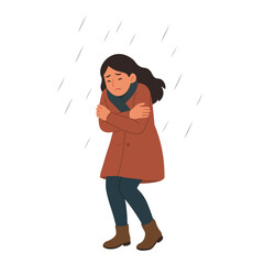 Pretty woman in rain flat vector illustration. Woman struggling to walk in the rain