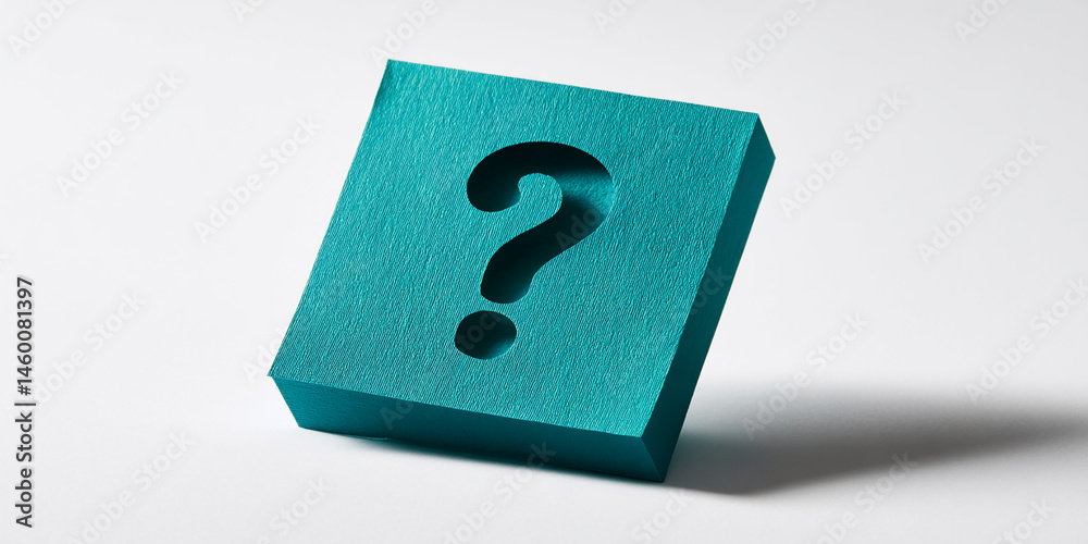 Poster teal textured cube with question mark cutout, angled on white background, suggesting inquiry, uncert