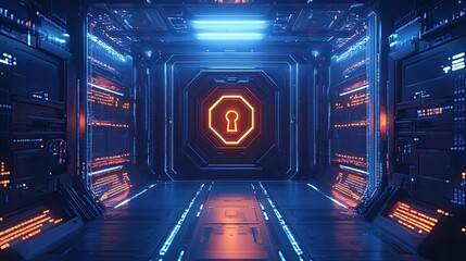 Futuristic corridor with a security lock.  Advanced technology, security measures, digital interface