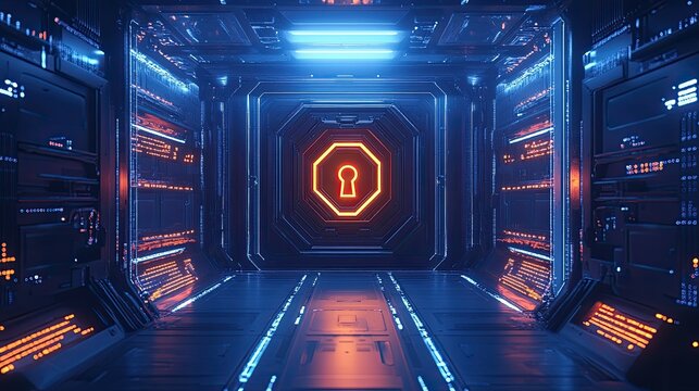 Futuristic corridor with a security lock. Advanced technology, security measures, digital interface