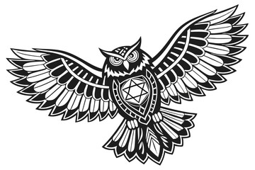74 Stylized owl illustration, black and white, tribal art, symmetrical design, spread wings, intricate feather patterns, geometric shapes, bold lines, contrasting textures, fierce gaze, ornate details