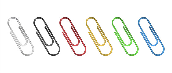 Realistic colorful paper clip set. Shiny metal paper clip. Office supplies. Vector illustration isolated on white 