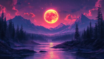 Crimson moonrise over mountain lake, forest; fantasy art