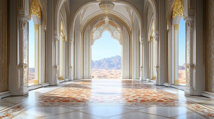 Obraz premium Majestic palace interior with desert panorama and stunning white arches
