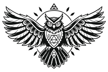 74 Stylized owl illustration, black and white, tribal art, symmetrical design, spread wings, intricate feather patterns, geometric shapes, bold lines, contrasting textures, fierce gaze, ornate details
