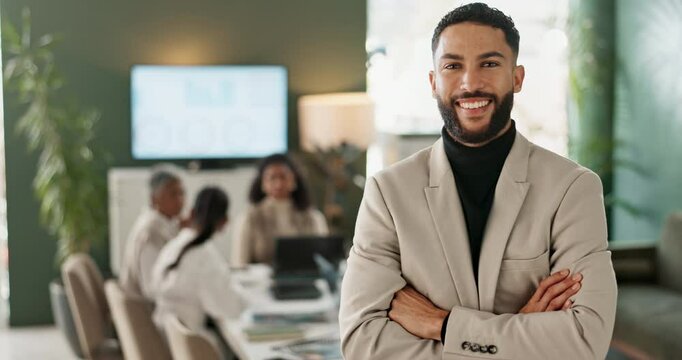 Happy, businessman and manger with arms crossed in portrait with team meeting background for leadership. Smile, male person or ceo in boardroom with employee group for pride, confidence and success