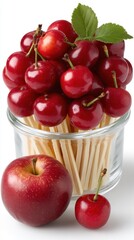 Ripe Cherries in a Glass with an Apple, Delicious Red Fruit Arrangement, Isolated on White Background