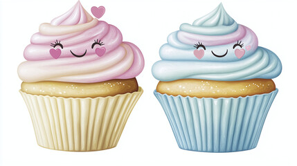 Two digitally rendered cupcakes, adorned with pink and blue frosting and cheerful expressions, presented on a plain background.