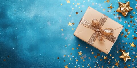 Obraz premium Gift box on beautiful blue background with sparkling stars, ready for celebration during new year festivities