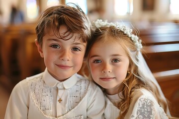 two children participating in First Communion ceremony, highlighted by soft lighting and sacred surroundings. Perfect for religious articles, family albums, and ceremonial publications