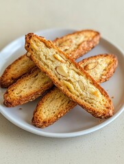 Plate of four pieces of breadsticks on a white plate. the breadsticks are golden brown in color and have a crumbly texture.
