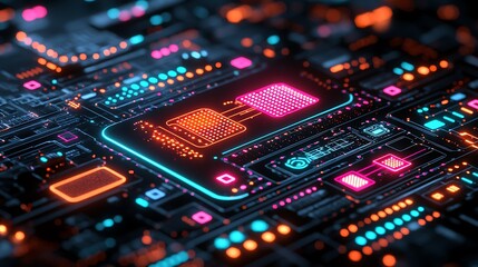 Obraz premium Abstract Glowing Circuit Board with Pink and Orange Neon Lights