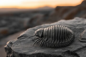 A fossilized trilobite, an extinct marine arthropod, rests on a dark rock at sunset.