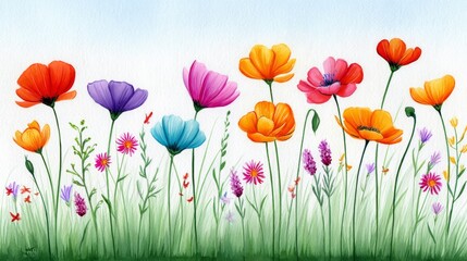 Vibrant Spring Meadow Watercolor - A cheerful watercolor painting depicting a lush spring meadow brimming with colorful wildflowers, symbolizing growth, renewal, beauty, vibrancy, and serenity