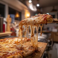 Cheesy pizza slice being lifted from a whole pizza on a wooden board
