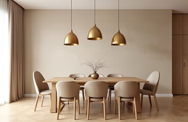 Modern dining room interior design. Wooden dining table with beige chairs under gold lamps. Beige walls, wooden floor, minimalist stylish design, scandinavian style home decor.
