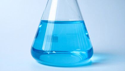 Transparent chemical flask with blue liquid, laboratory experimentation, pharmaceutical innovation
