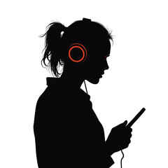 silhouette of a woman wearing headphones and using a smartphone on a transparent background, vector illustration