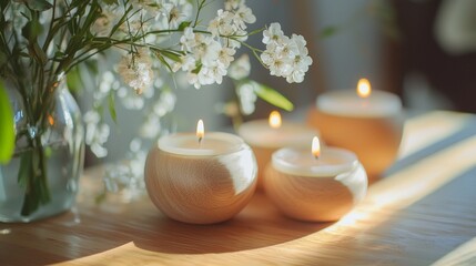Wooden candles and flower decor on peaceful spa setting for relaxation and wellness inspiration