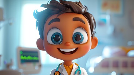 Friendly, cartoon doctor character in a hospital setting